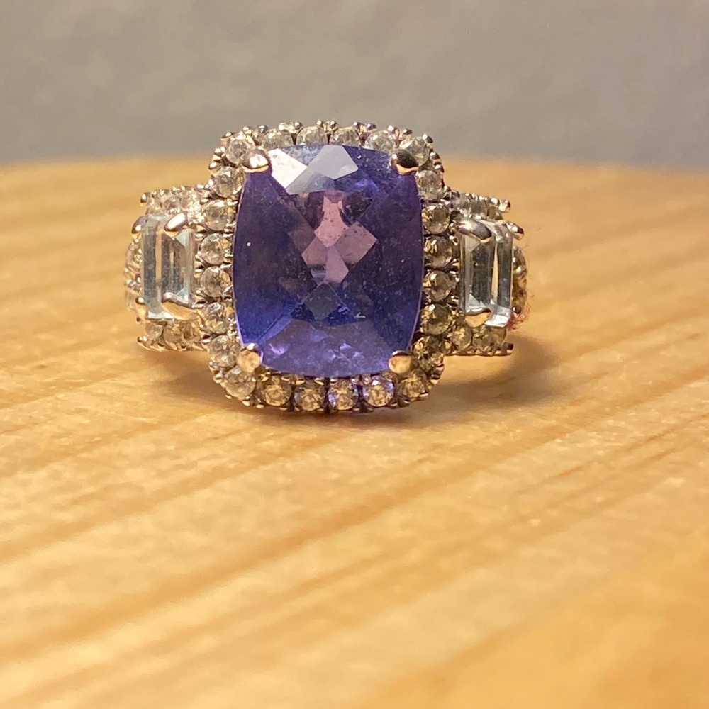 Blue Cushion Fluorite & Blue Topaz Ring Womens Sz 8 925 Silver Halo Art Deco New